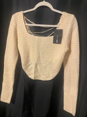 Fashion Nova Cream Knit Square Neck Crop Top with Strappy Back